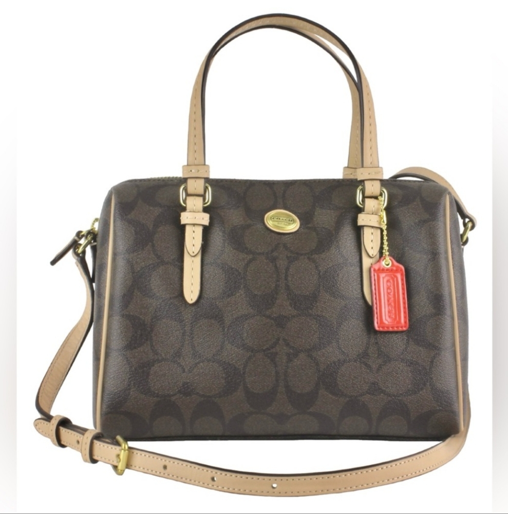 COACH "Peyton" Purse Signature Mini Jordan Leather Brown Tan